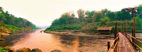 Entrance to the Bamboo Bridge at Sunset, Mekong River, Laos, Asia