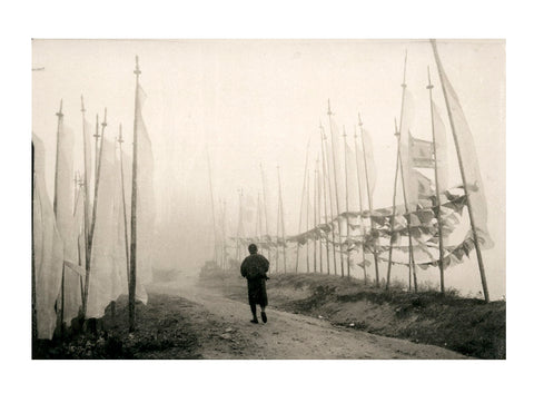 Monk at Sunrise with Prayer Flags, Bhutan